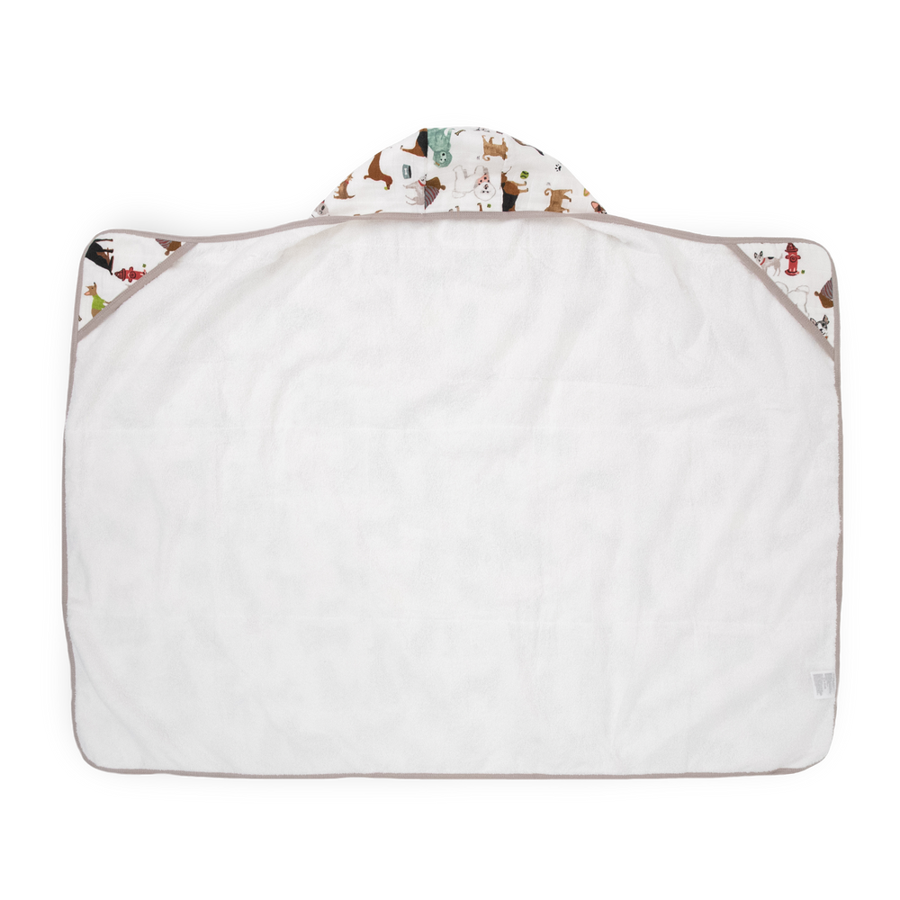 White and brown Woof Toddler Hooded Towel by Little Unicorn, cozy hooded baby towel