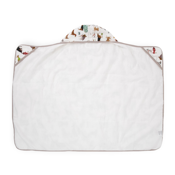 White and brown Woof Toddler Hooded Towel by Little Unicorn, cozy hooded baby towel