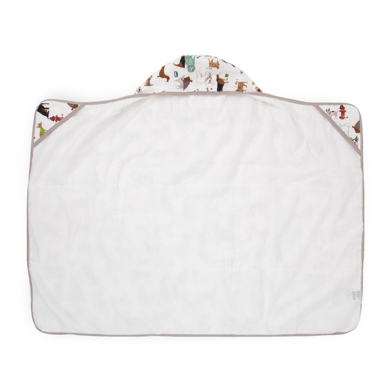 White and brown Woof Toddler Hooded Towel by Little Unicorn, cozy hooded baby towel
