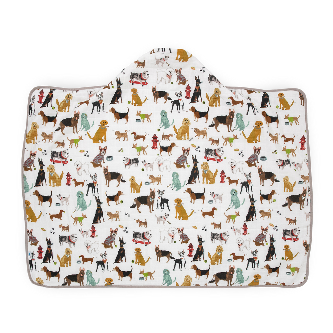 Little Unicorn baby hooded towel in Woof print, perfect for toddlers after bath