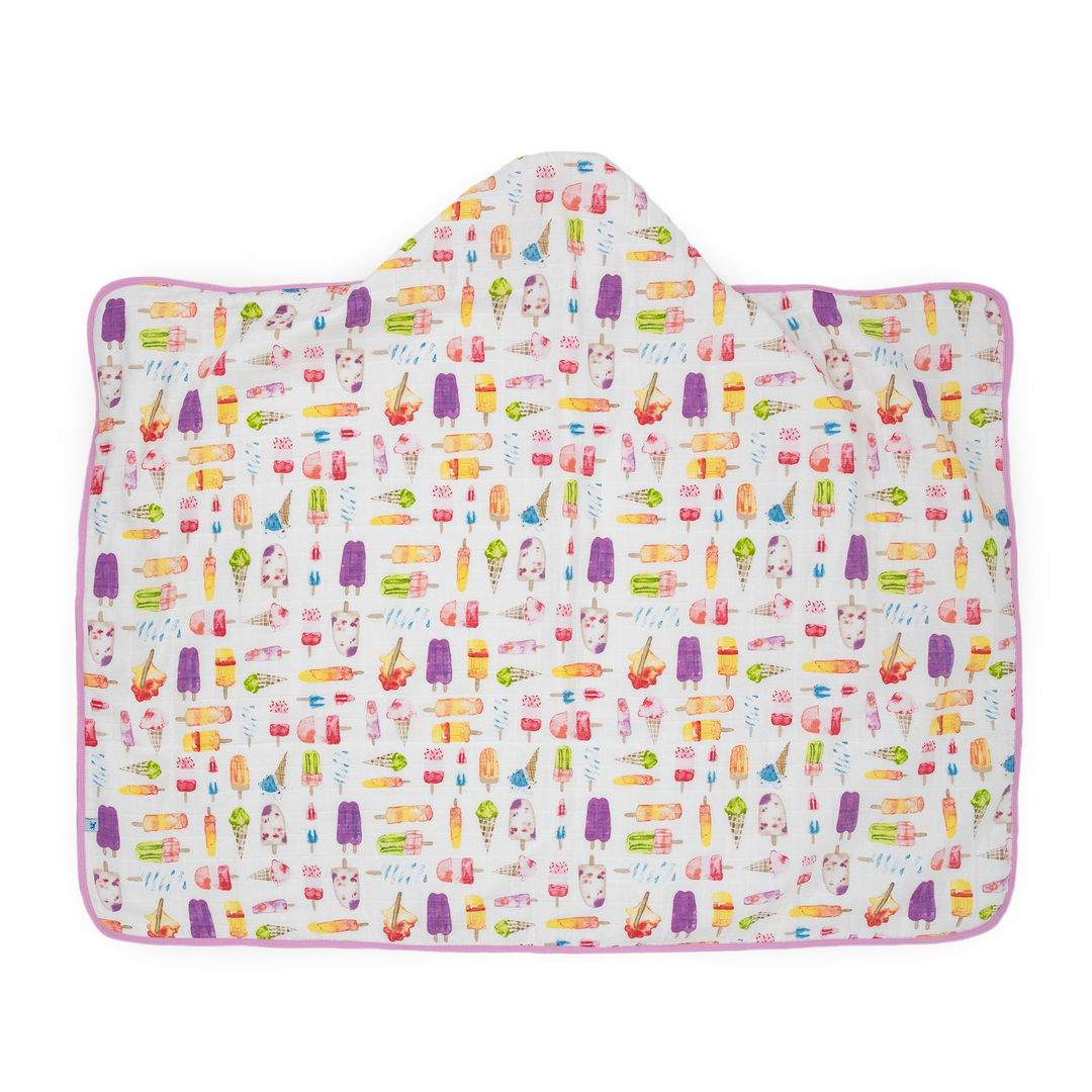 Little Unicorn baby hooded towel in Brain Freeze print, perfect for post-bath snuggles