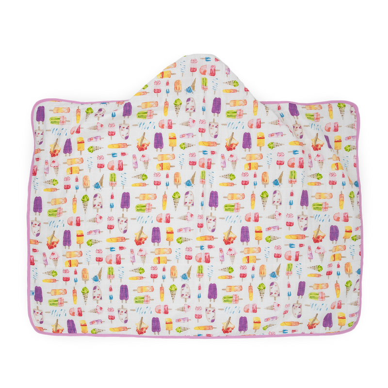 Little Unicorn baby hooded towel in Brain Freeze print, perfect for post-bath snuggles