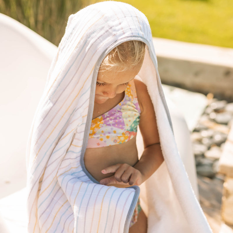 Plush Unicorn Stripe Toddler Hooded Towel from Little Unicorn, gentle baby bath towel