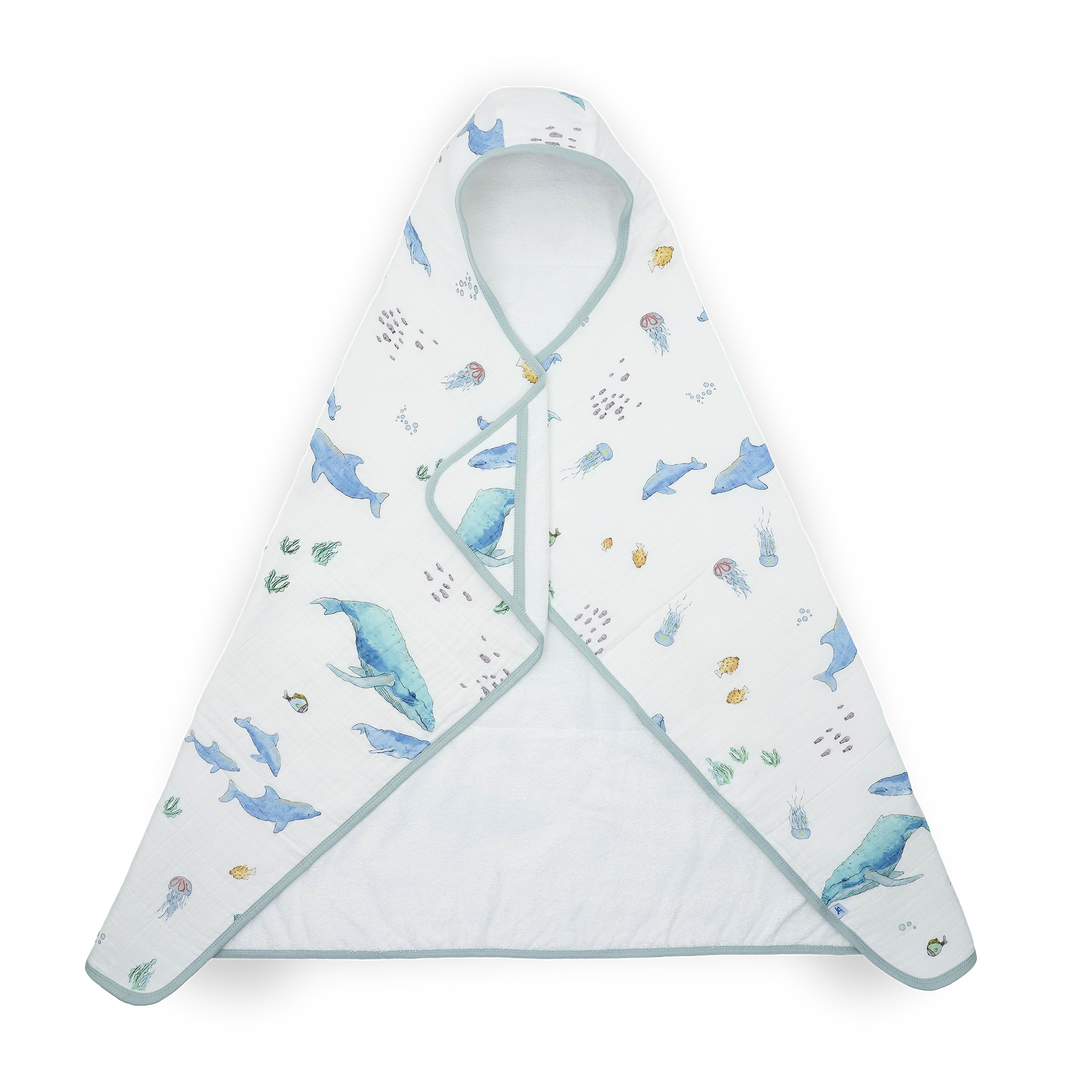 Little Unicorn Toddler Hooded Towel - Whales in navy with whale print, soft baby towels for bath time