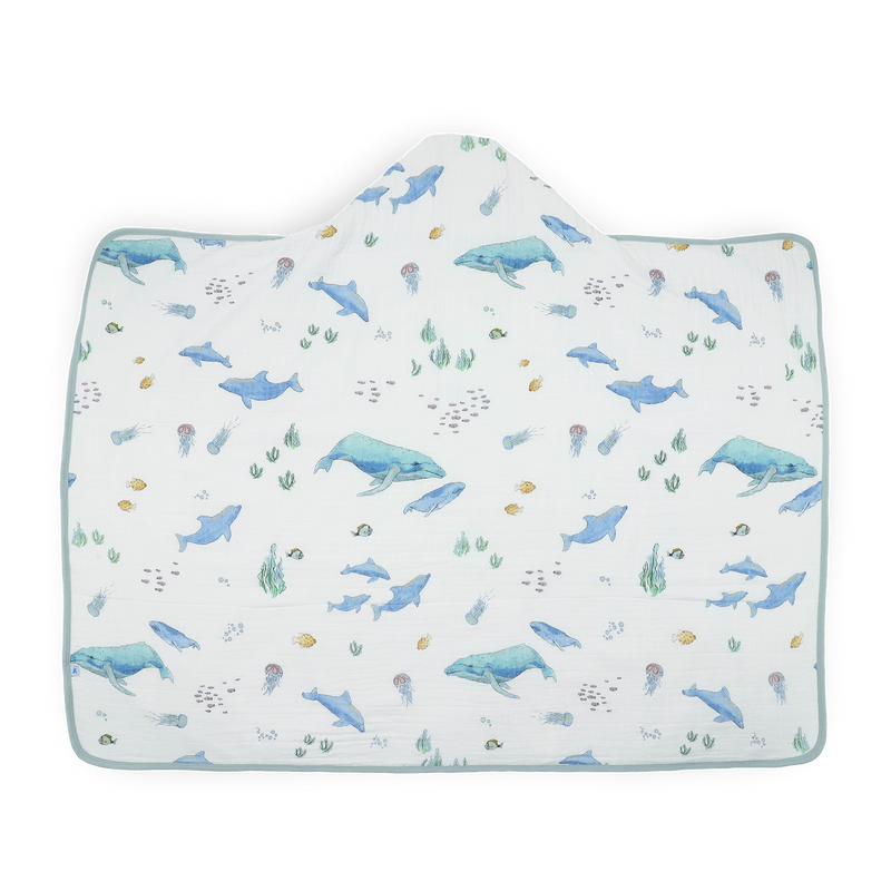 Little Unicorn Toddler Hooded Towel - Whales featuring playful whale design, gentle baby bath towel for kids