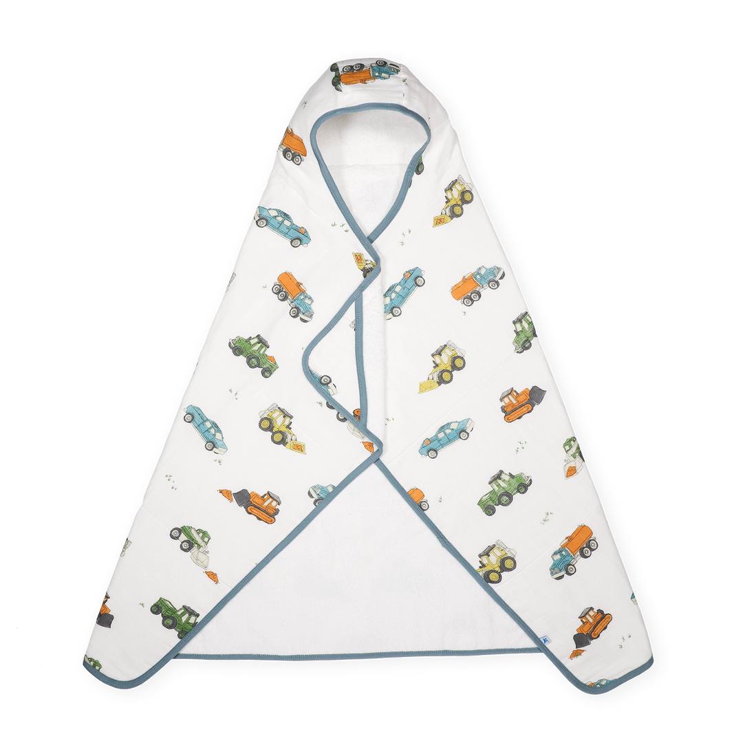 Little Unicorn Toddler Hooded Towel - Work Trucks in navy with fun truck print, soft baby towels for bath time