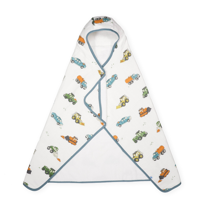 Little Unicorn Toddler Hooded Towel - Work Trucks in navy with fun truck print, soft baby towels for bath time