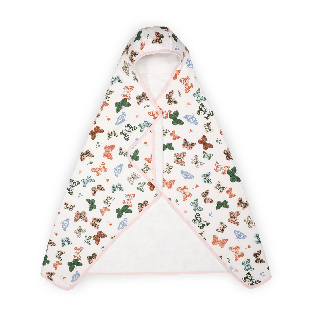 Little Unicorn Toddler Hooded Towel - Butterflies in pastel pink with butterfly print, soft baby towels for bath time