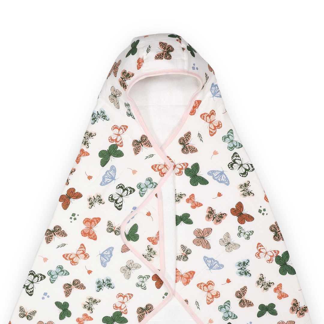 Absorbent baby hooded towel from Little Unicorn, Toddler Hooded Towel - Butterflies, keeps toddlers warm and comfy