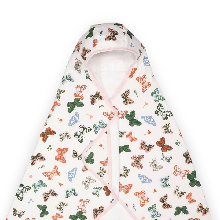 Absorbent baby hooded towel from Little Unicorn, Toddler Hooded Towel - Butterflies, keeps toddlers warm and comfy