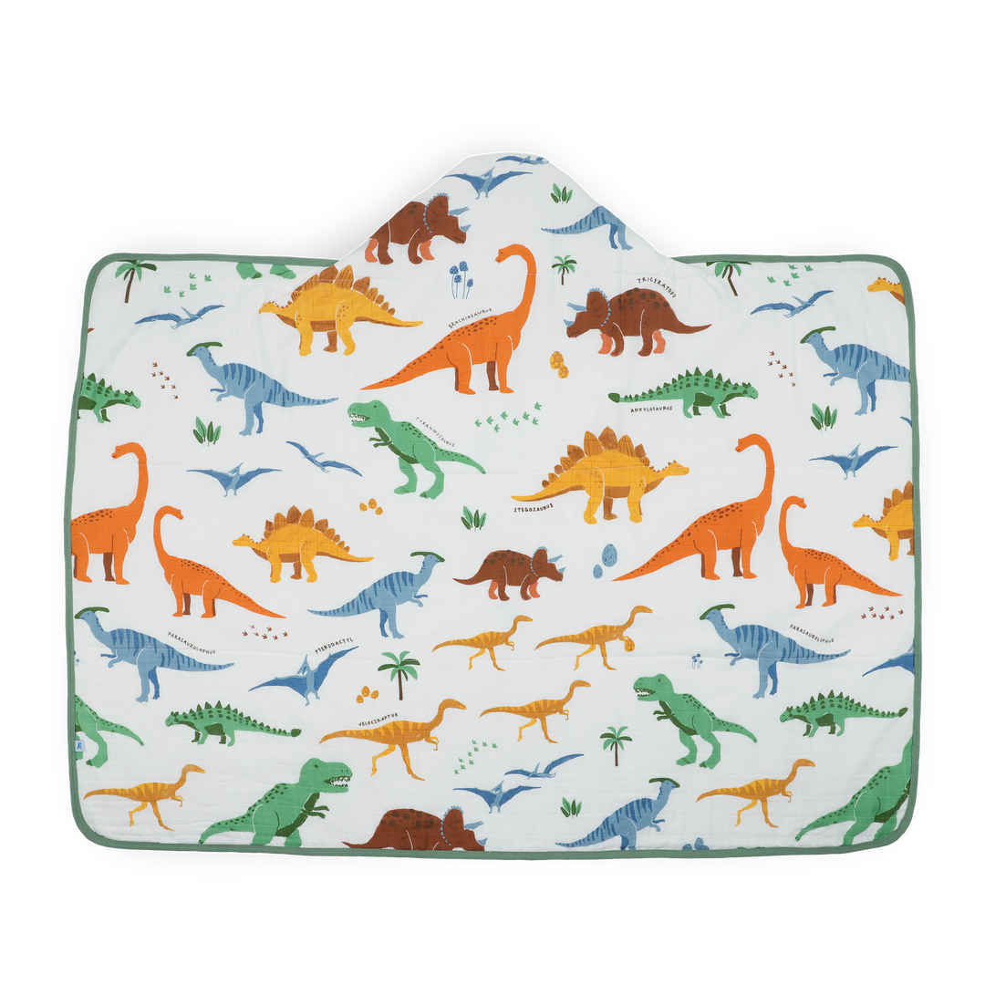 Little Unicorn baby hooded towel in Dino Names print, perfect for post-bath snuggles