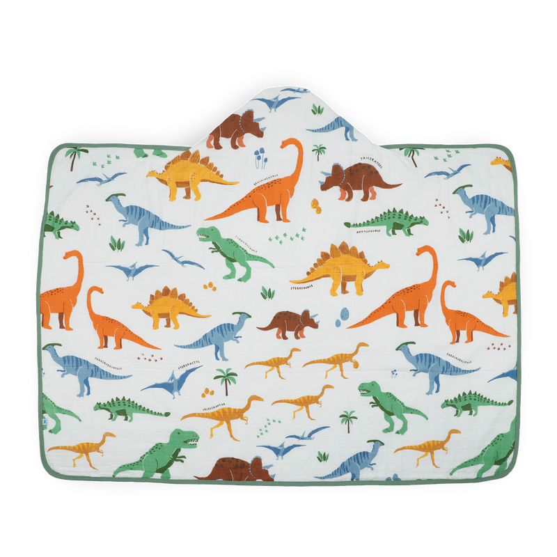 Little Unicorn baby hooded towel in Dino Names print, perfect for post-bath snuggles