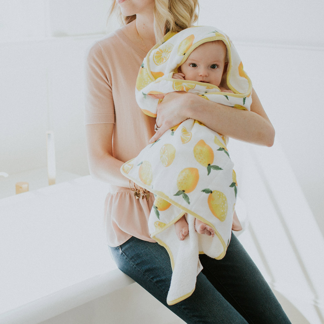 Little Unicorn Infant Hooded Towel - Lemon in bright lemon print, baby towels with hood for everyday use