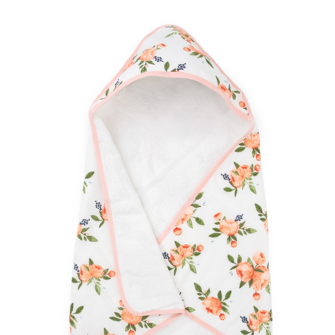 Absorbent baby hooded towel from Little Unicorn, Infant Hooded Towel - Watercolor Roses, keeps babies warm and cozy