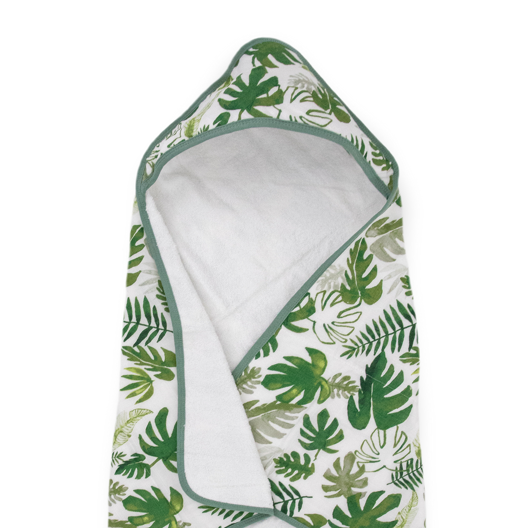 Absorbent baby hooded towel from Little Unicorn, Infant Hooded Towel - Tropical Leaf, keeps babies warm and comfy