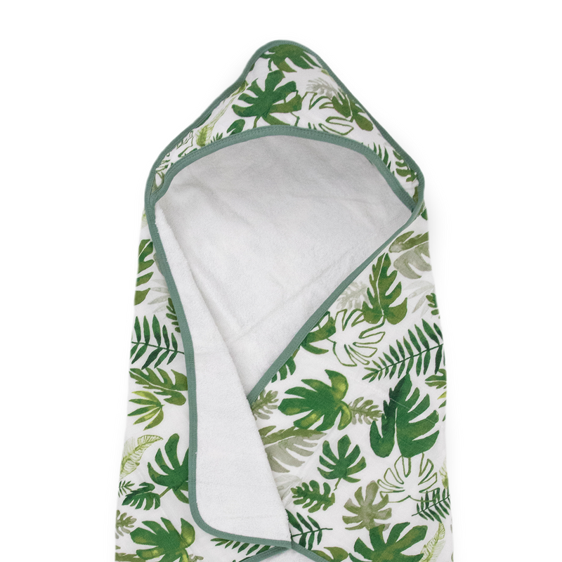 Absorbent baby hooded towel from Little Unicorn, Infant Hooded Towel - Tropical Leaf, keeps babies warm and comfy