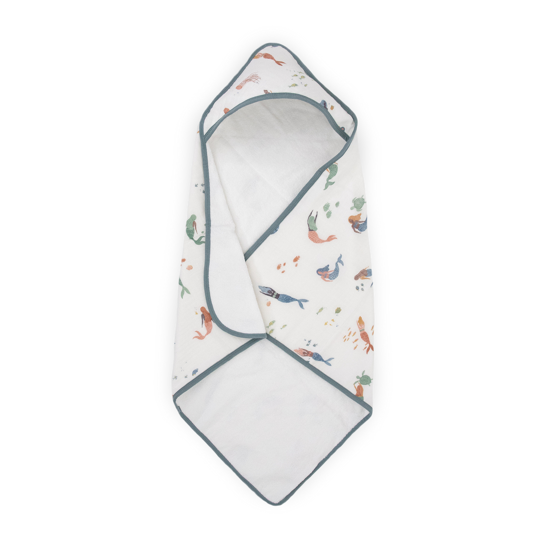 Little Unicorn Infant Hooded Towel - Mermaids in soft aqua with mermaid print, gentle baby towels for bath time