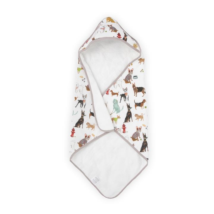 Little Unicorn Infant Hooded Towel - Woof in tan and cream with dog print, soft baby towels for bath time