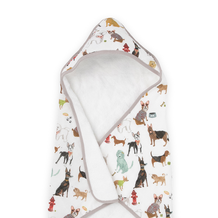 Absorbent baby hooded towel from Little Unicorn, Infant Hooded Towel - Woof, keeps babies comfy and cozy after bath