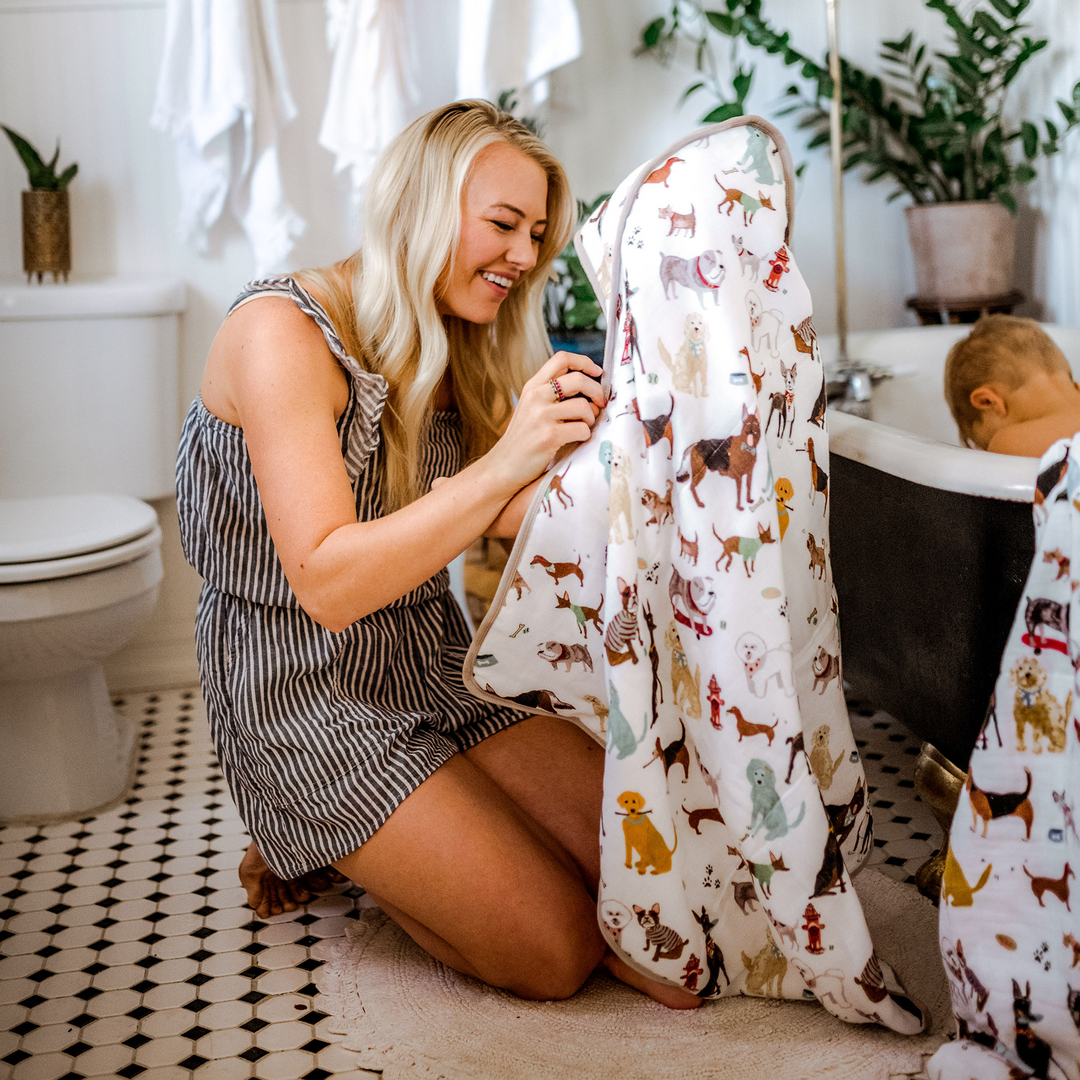 Soft baby towel with hood by Little Unicorn, Infant Hooded Towel - Woof, ideal for post-bath snuggles