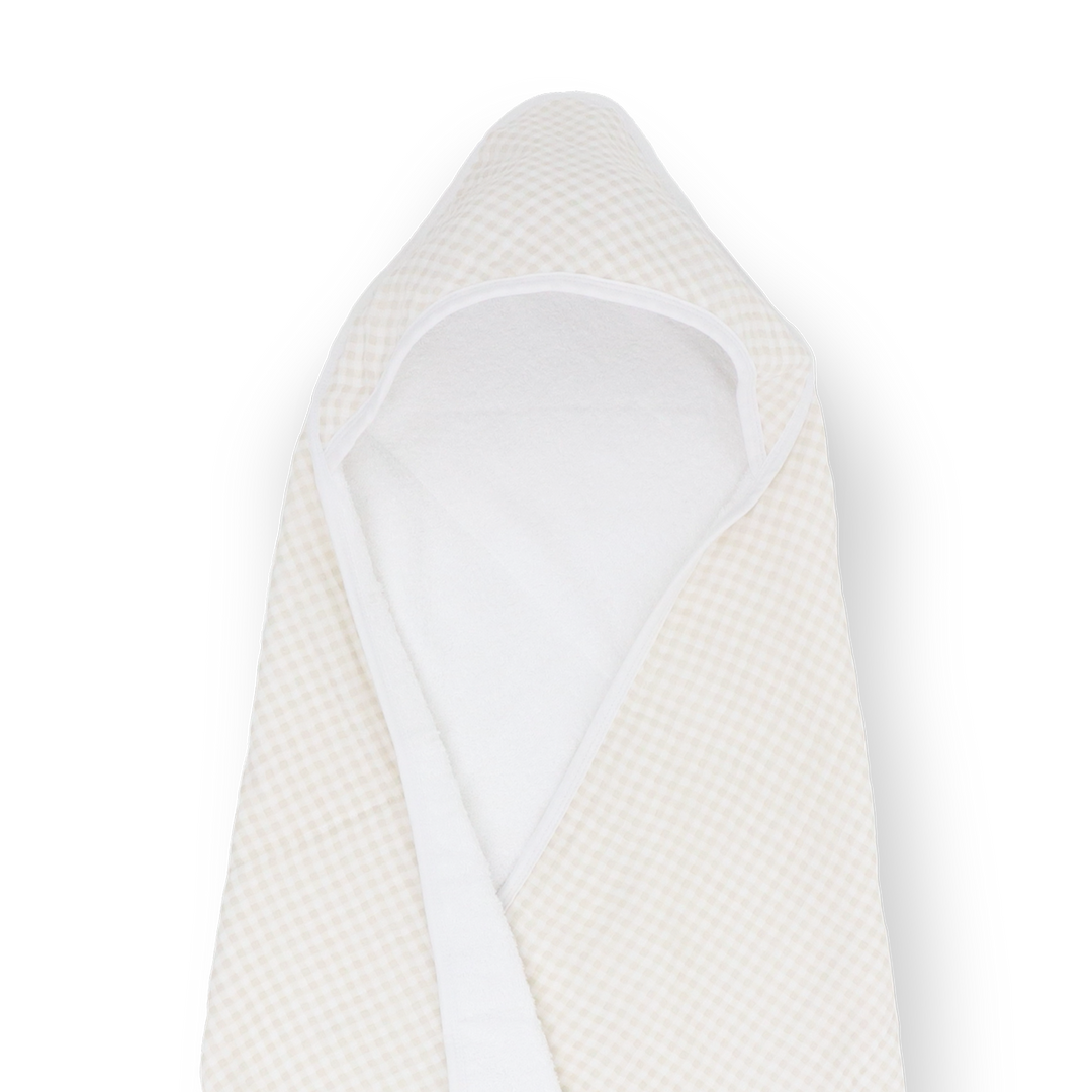 Absorbent baby hooded towel from Little Unicorn, Infant Hooded Towel - Tan Gingham, keeps babies comfy and cozy after bath