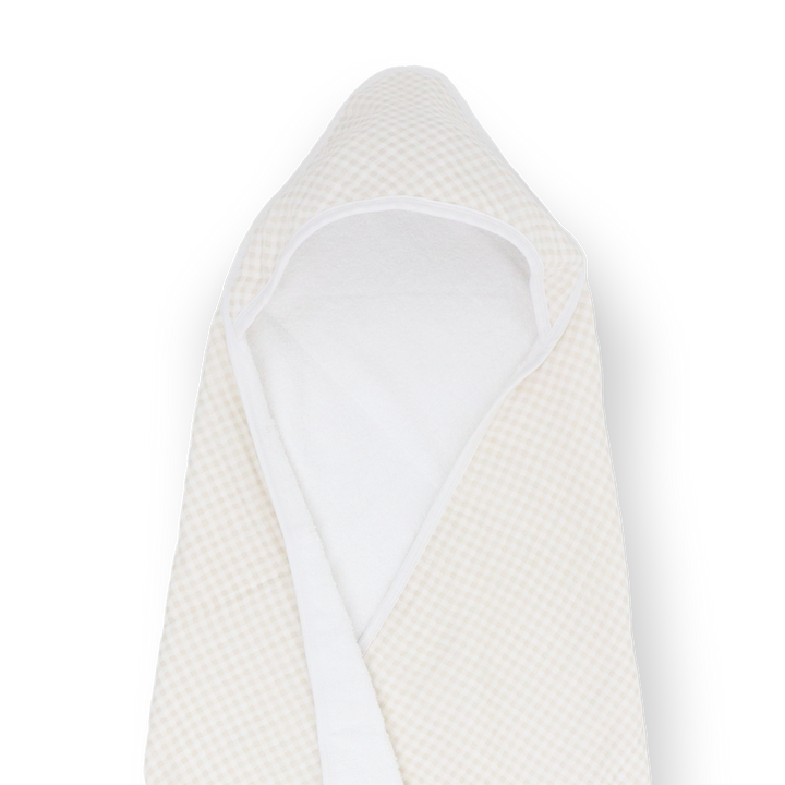 Absorbent baby hooded towel from Little Unicorn, Infant Hooded Towel - Tan Gingham, keeps babies comfy and cozy after bath