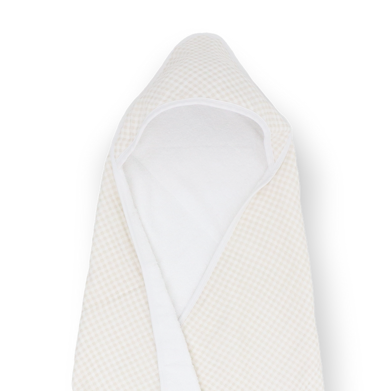 Absorbent baby hooded towel from Little Unicorn, Infant Hooded Towel - Tan Gingham, keeps babies comfy and cozy after bath