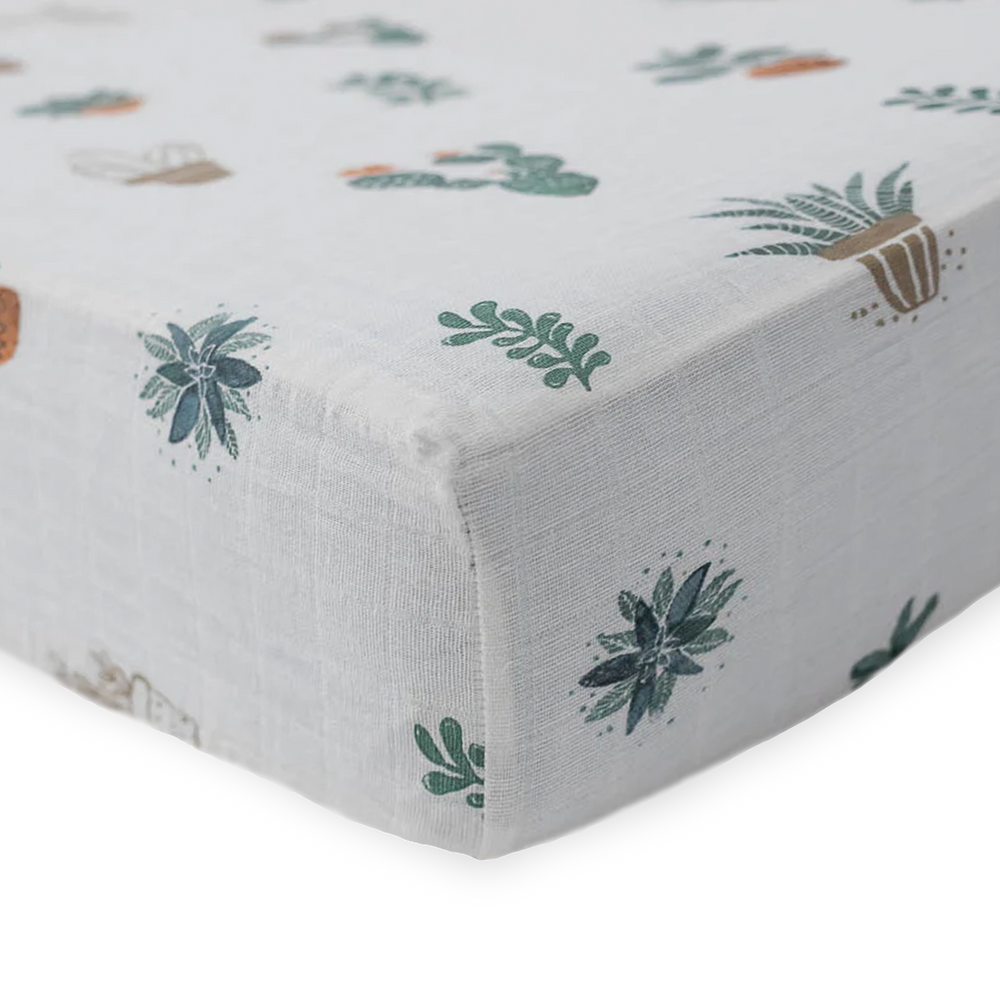 Cactus print Little Unicorn Cotton Muslin Crib Sheet - Prickle Pots adds charm to nurseries, perfect organic crib sheet.