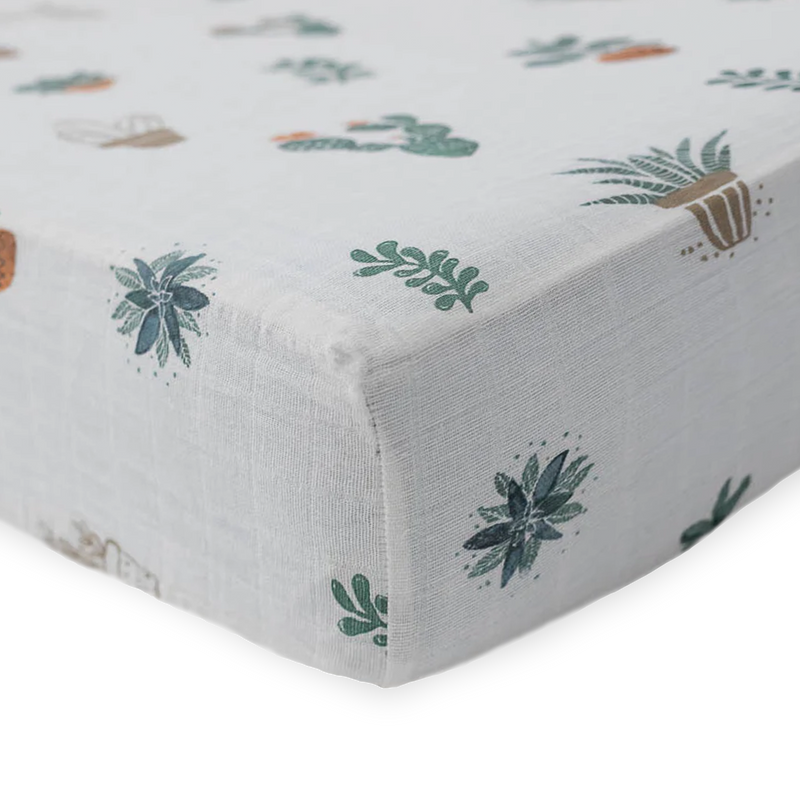Cactus print Little Unicorn Cotton Muslin Crib Sheet - Prickle Pots adds charm to nurseries, perfect organic crib sheet.