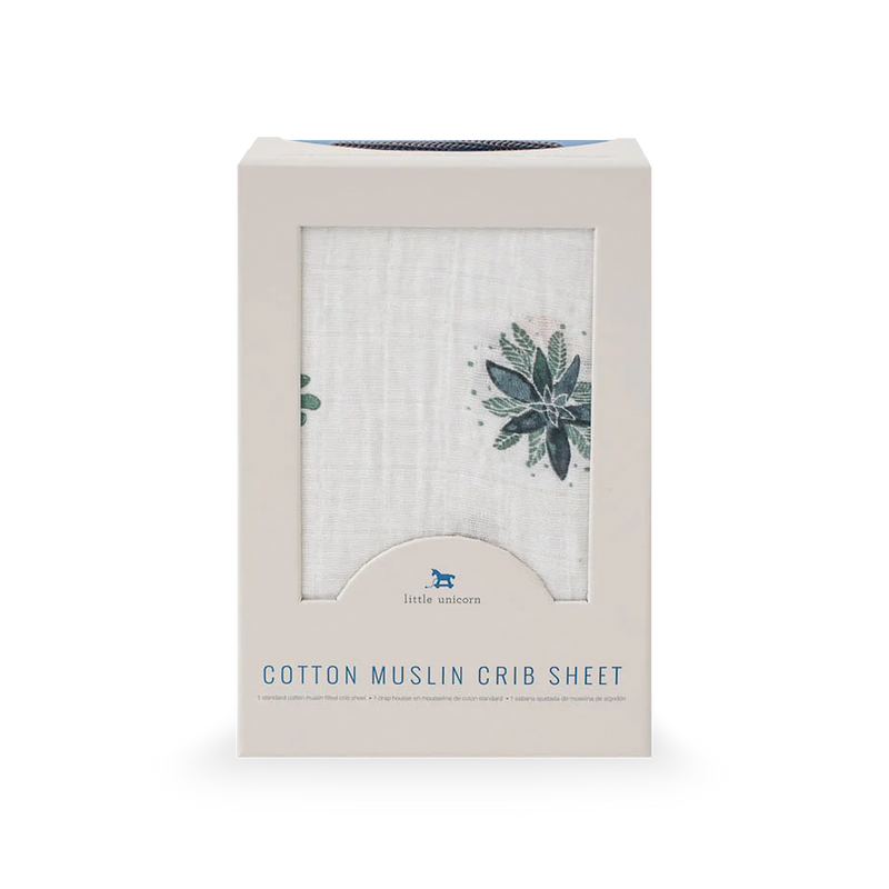 Playful cactus design on Little Unicorn Cotton Muslin Crib Sheet - Prickle Pots, ideal cotton crib sheets for modern nurseries.