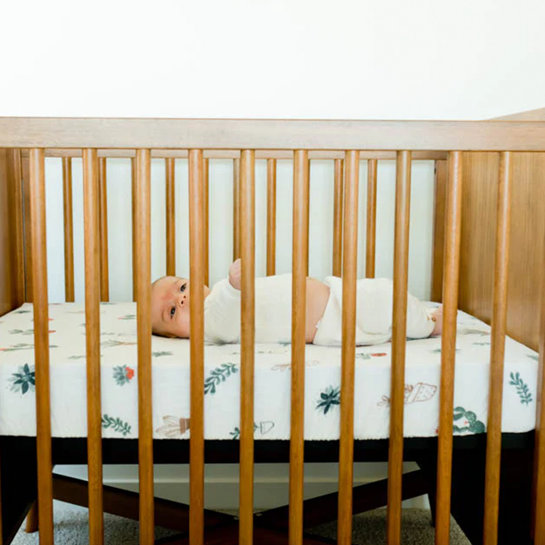 Little Unicorn Cotton Muslin Crib Sheet - Prickle Pots close-up, soft texture and durable weave for fitted crib sheets.