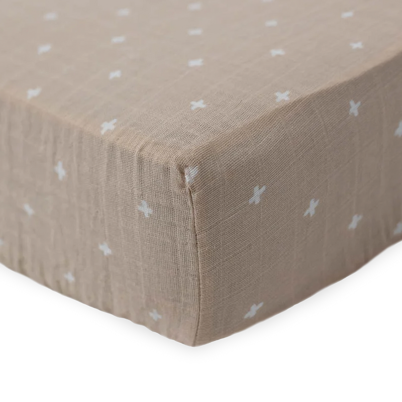 Neutral cross pattern on Little Unicorn Cotton Muslin Crib Sheet - Taupe Cross, modern style for organic crib sheets.