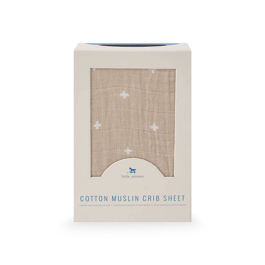 Soft taupe cross print Little Unicorn Cotton Muslin Crib Sheet - Taupe Cross, premium muslin for fitted crib sheets.