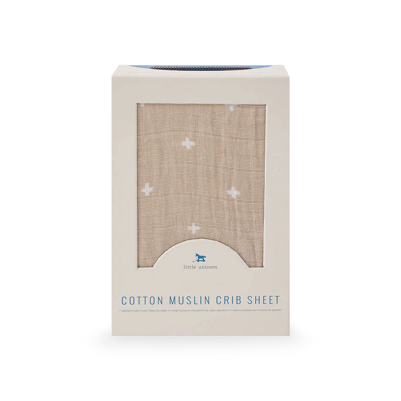 Soft taupe cross print Little Unicorn Cotton Muslin Crib Sheet - Taupe Cross, premium muslin for fitted crib sheets.