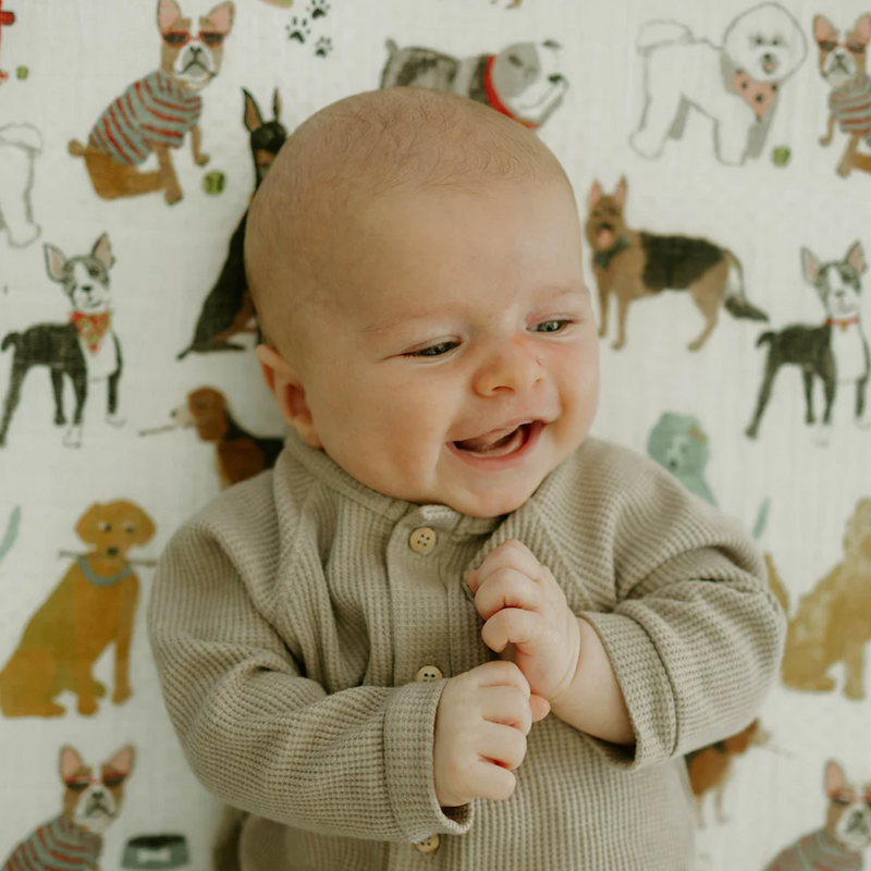 Little Unicorn Cotton Muslin Crib Sheet - Woof in soft tones, cute and comfy baby boy crib sheets for modern nurseries.