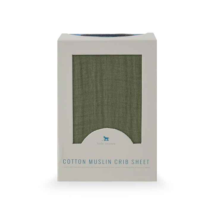 Little Unicorn Cotton Muslin Crib Sheet - Fern styled on mattress, lightweight and airy fitted crib sheets for comfort.