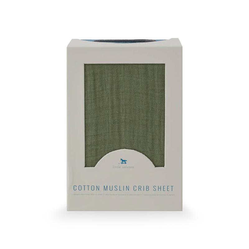 Little Unicorn Cotton Muslin Crib Sheet - Fern styled on mattress, lightweight and airy fitted crib sheets for comfort.