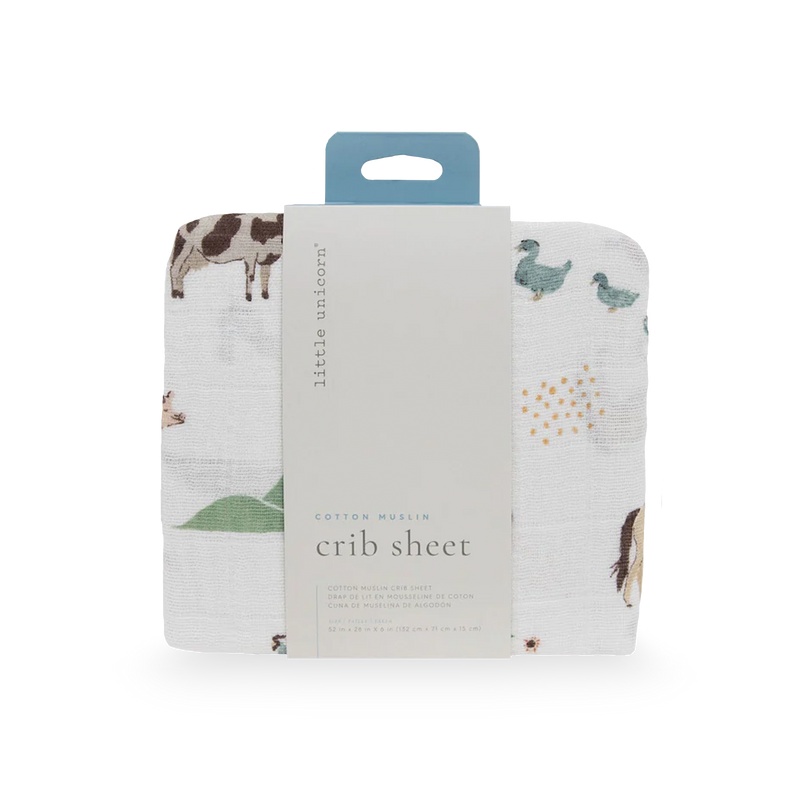 Little Unicorn Cotton Muslin Crib Sheet - Farmyard with playful animal design, soft and cozy fitted crib sheets for infants.