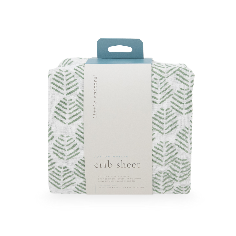 Add charm to the nursery with Little Unicorn Cotton Muslin Crib Sheet - Leaf Motif, stylish fitted crib sheets for baby beds.