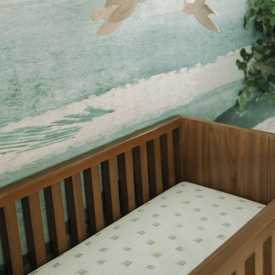 Soft Little Unicorn Cotton Muslin Crib Sheet - Blue Stacks, cozy mattress sheets for crib, ideal for baby comfort