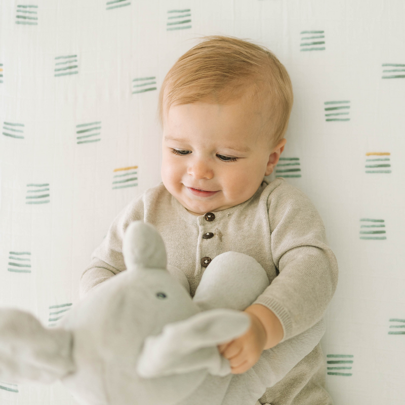 Little Unicorn Blue Stacks crib sheet in cotton muslin, premium baby crib sheets for everyday use