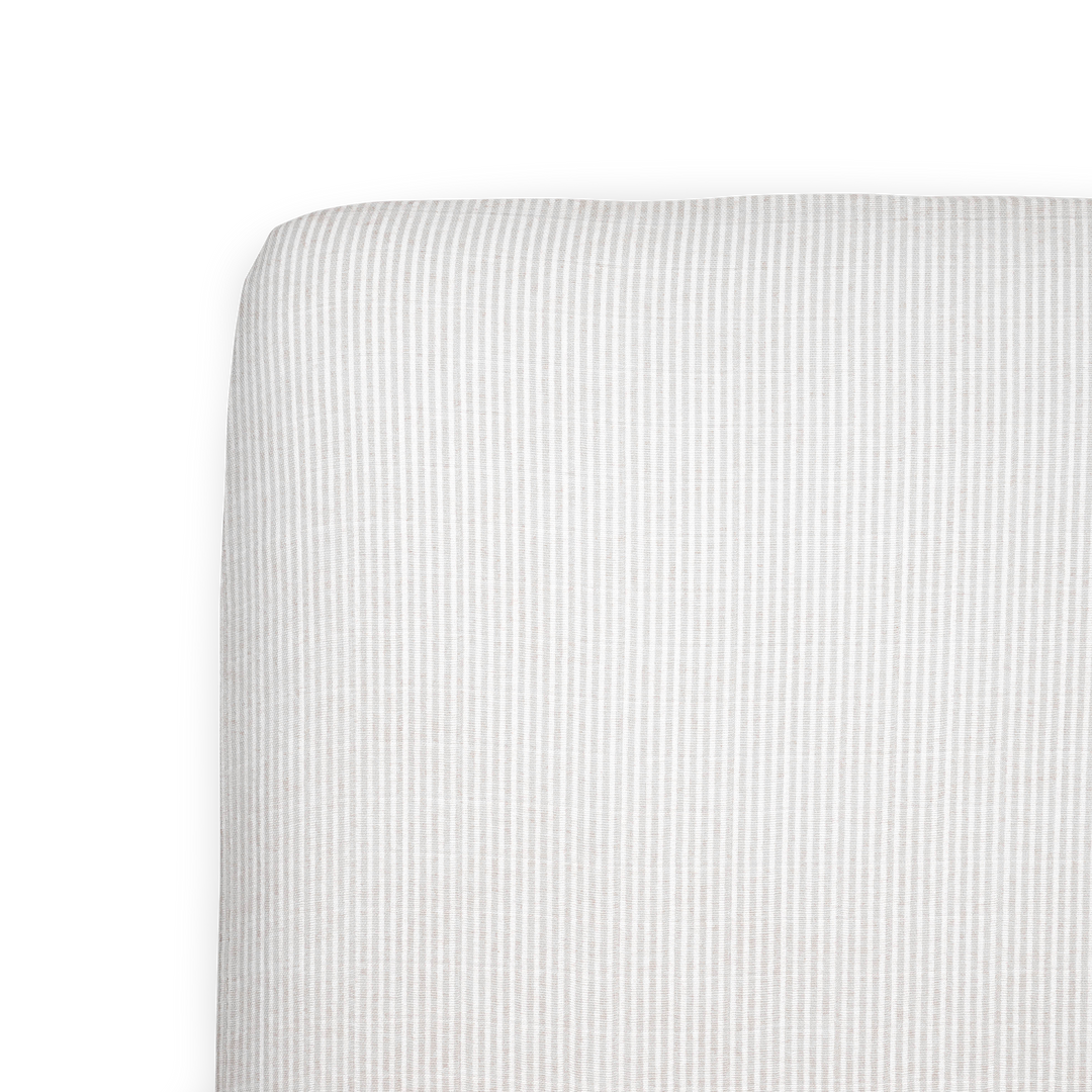 Little Unicorn Organic Cotton Muslin Crib Sheet - Sand Stripe on crib, soft and breathable baby crib sheets for nursery comfort