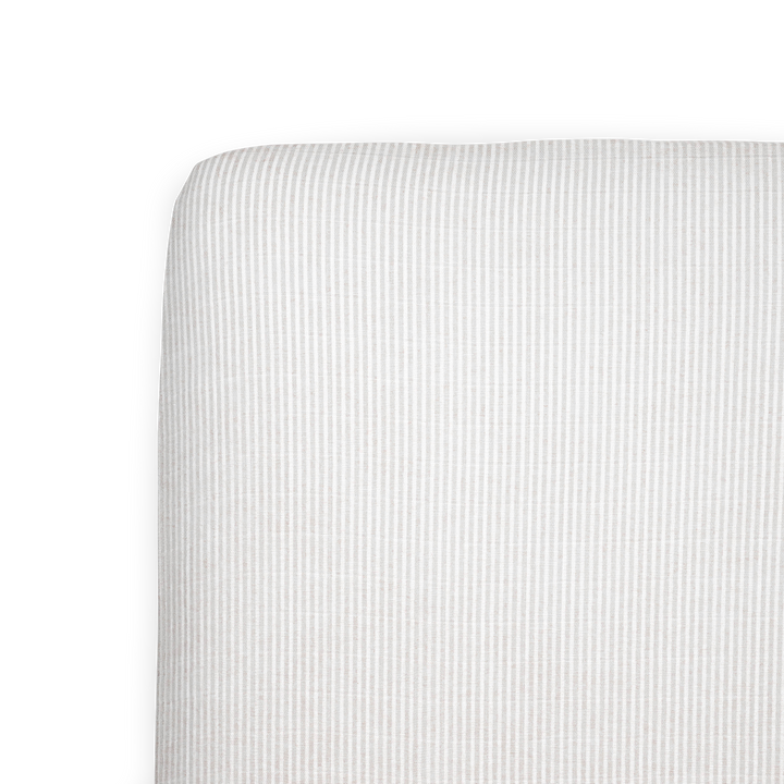 Little Unicorn Organic Cotton Muslin Crib Sheet - Sand Stripe on crib, soft and breathable baby crib sheets for nursery comfort