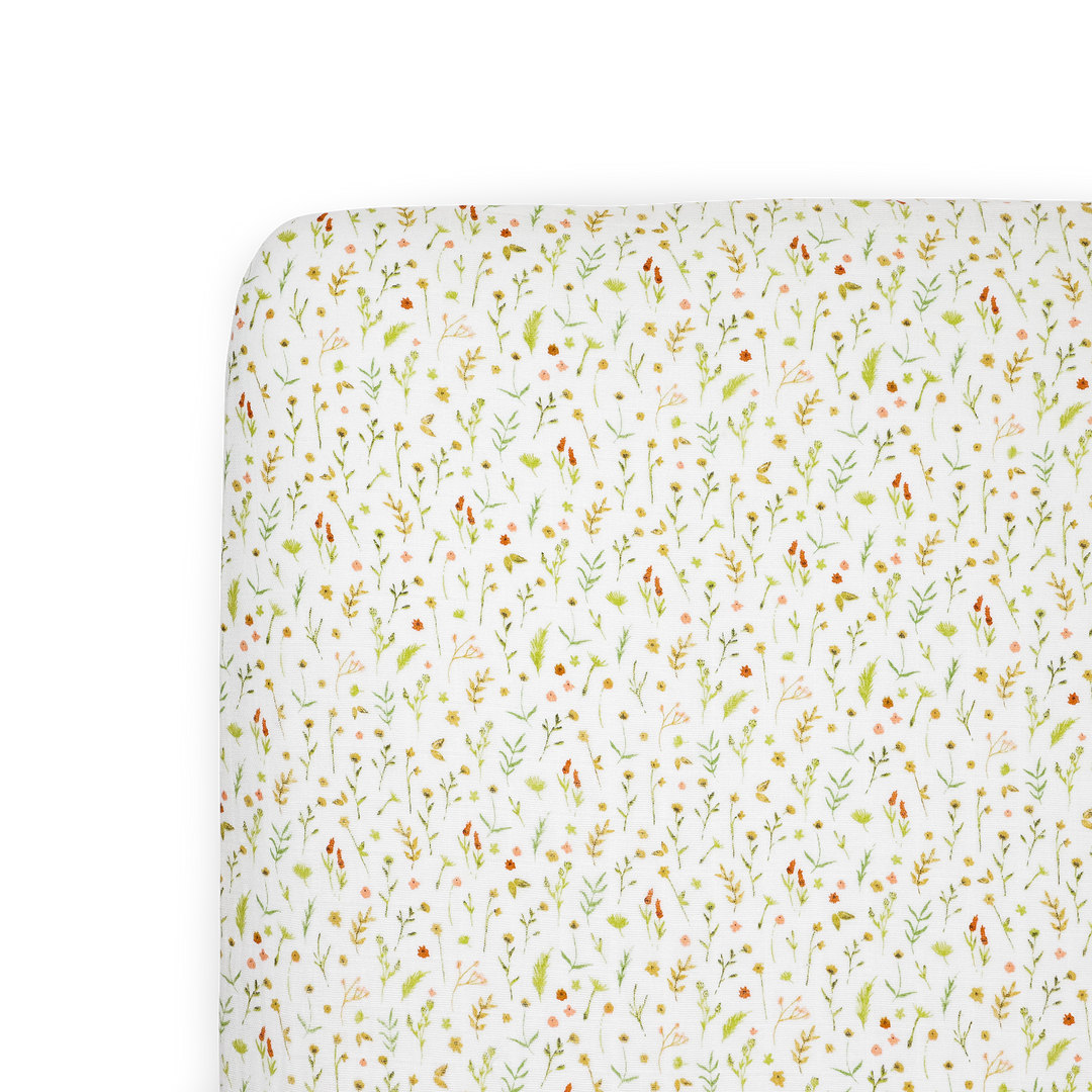 Little Unicorn Organic Cotton Muslin Crib Sheet - Floral Field on crib, soft and breathable baby crib sheets for newborn comfort
