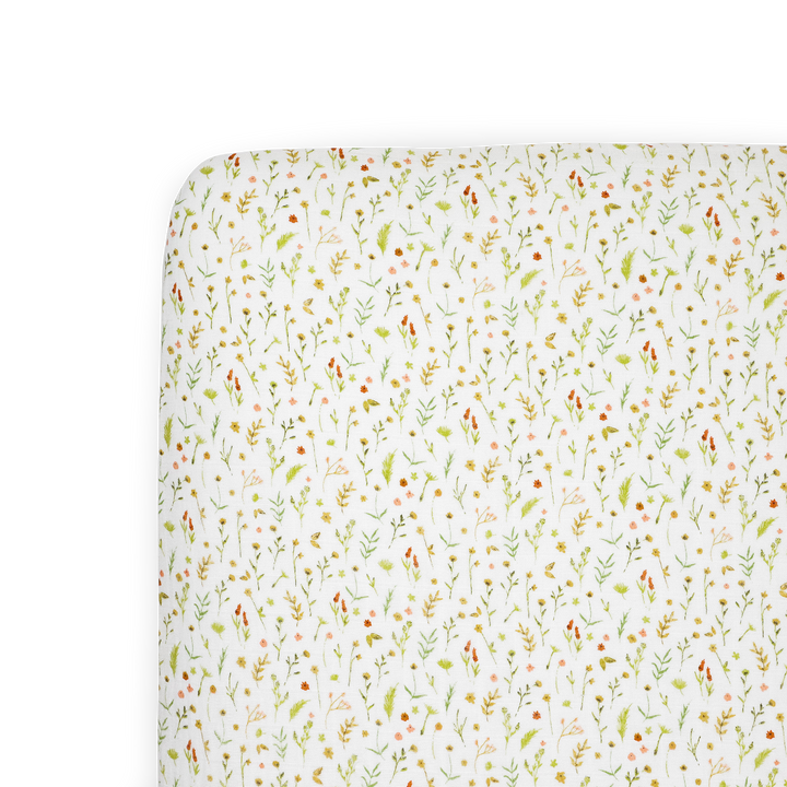 Little Unicorn Organic Cotton Muslin Crib Sheet - Floral Field on crib, soft and breathable baby crib sheets for newborn comfort