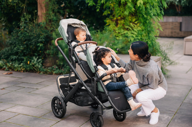 Uppababy twin stroller with rumble seats for toddlers and babies