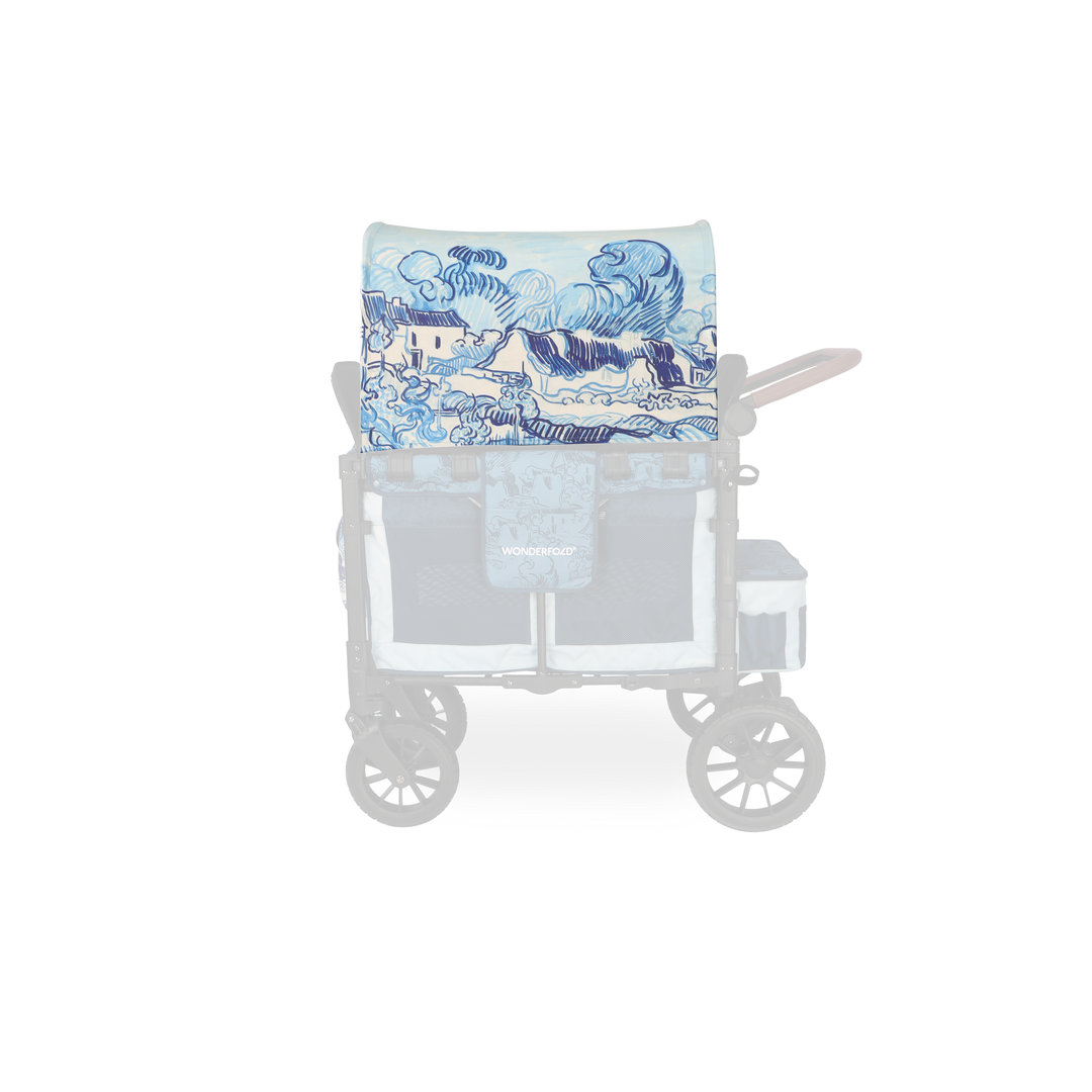 Side angle of Wonderfold Elite/Luxe Canopy Fabric in Van Gogh Landscape with Houses, great for toddler wagon stroller setups