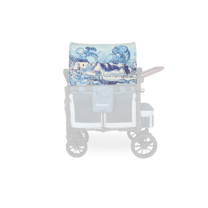 Side angle of Wonderfold Elite/Luxe Canopy Fabric in Van Gogh Landscape with Houses, great for toddler wagon stroller setups