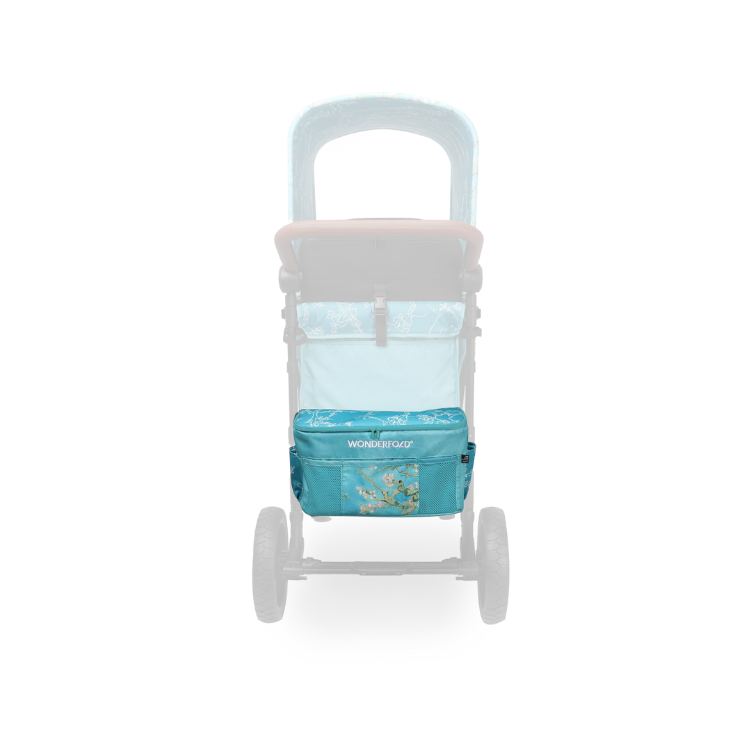 Wonderfold Elite/Luxe Rear Basket Fabric in Almond Blossoms shown on a premium stroller wagons configuration