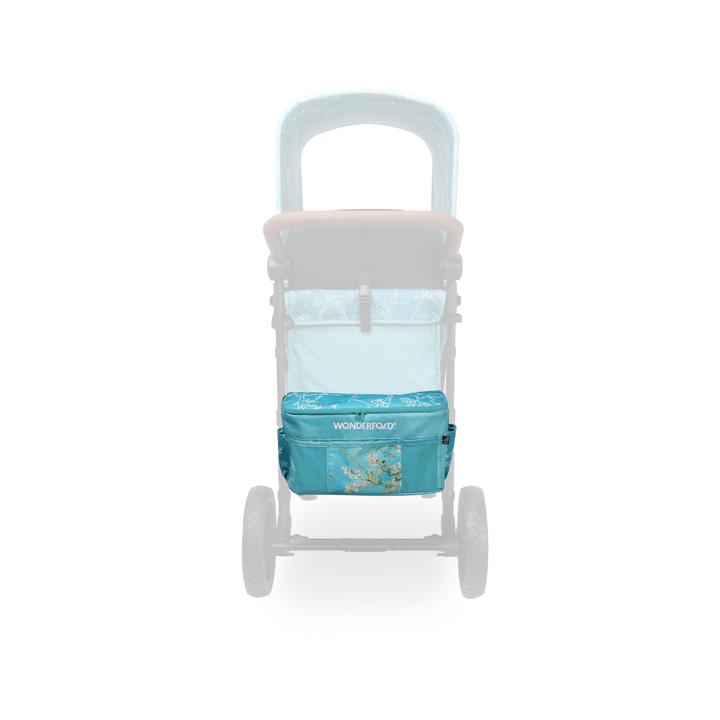 Wonderfold Elite/Luxe Rear Basket Fabric in Almond Blossoms shown on a premium stroller wagons configuration